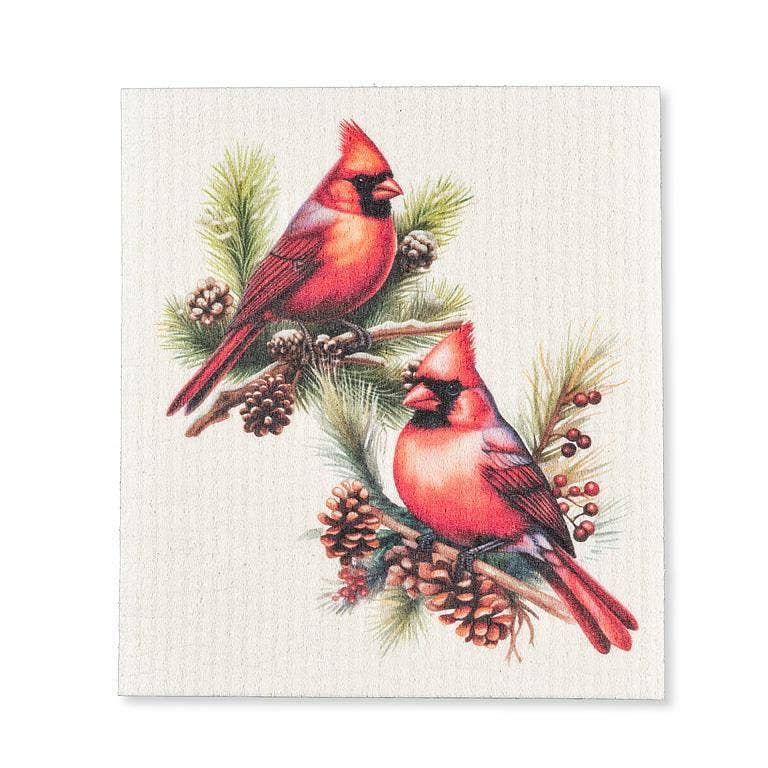 The Swedish Dish Cloth: Cardinals & Pine Cones Dishcloth features red cardinals on pine branches with pinecones and berries, making this biodegradable cloth a festive and eco-friendly choice for your home cleaning needs.