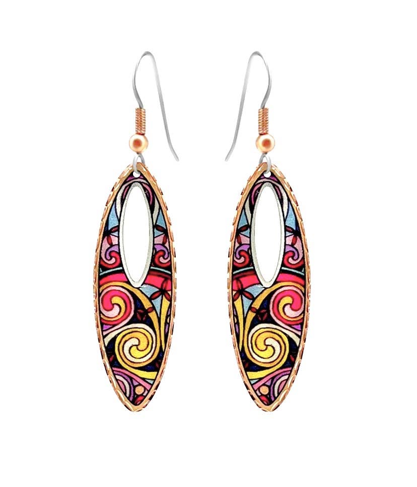 Handcrafted copper tear drop earrings with red & silver geometric design and cut out. Hypoallergenic and perfect for stylish everyday wear.