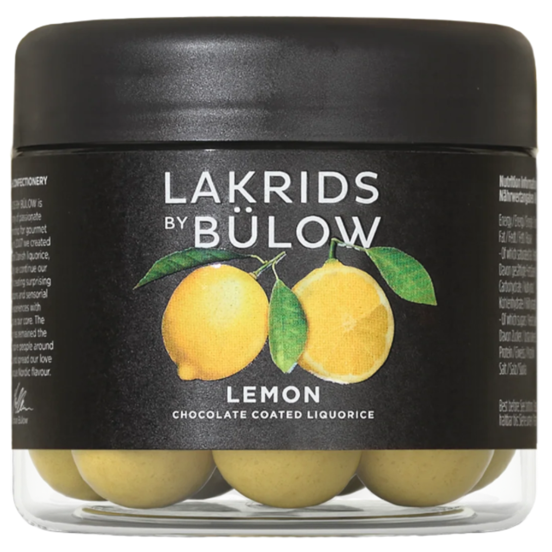Lakrids by Bülow - Lemon (125g) is a limited edition Danish treat featuring chocolate-coated licorice with a lemon twist. The jar displays lemon illustrations and contains yellow candies for a unique лакриц experience.