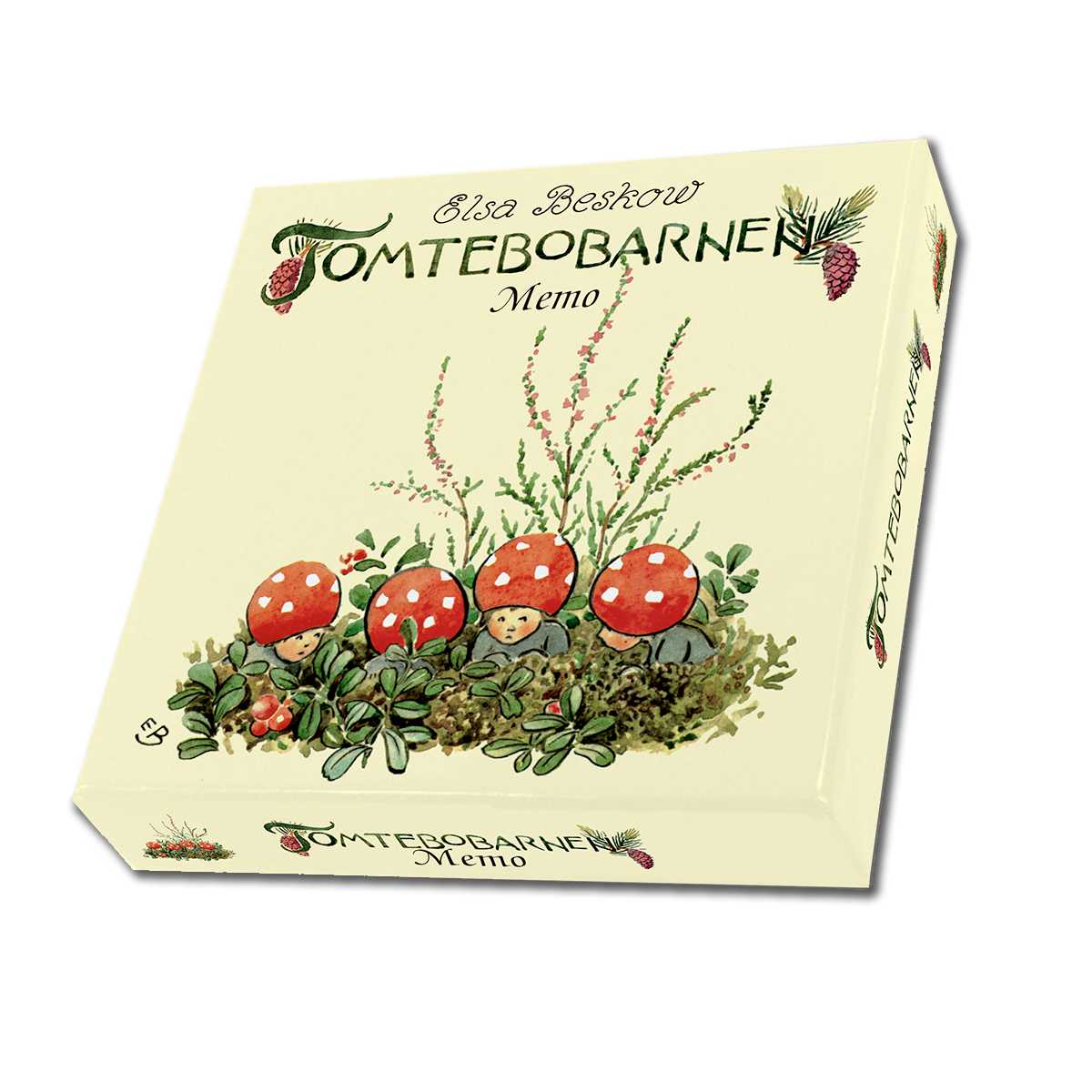 The cream-colored box for the Game: Elsa Beskow Children of the Forest Memory Game shows four gnome children from Beskow’s story sitting among red mushrooms and plants in this charming memory game.