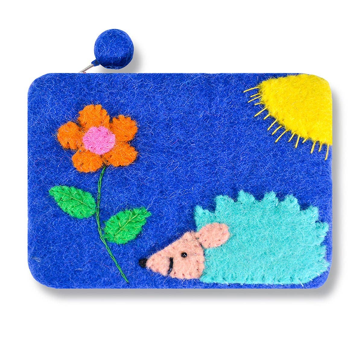 Purse: Hedgehog and Flower Coin Purse: Blue 100% Wool with Pom Pom on Zipper