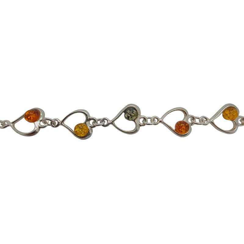 The Bracelet: Multi-Color Baltic Amber Sterling Silver Heart Bracelet 8" Long features open heart links accented with round multi-color Baltic amber stones.