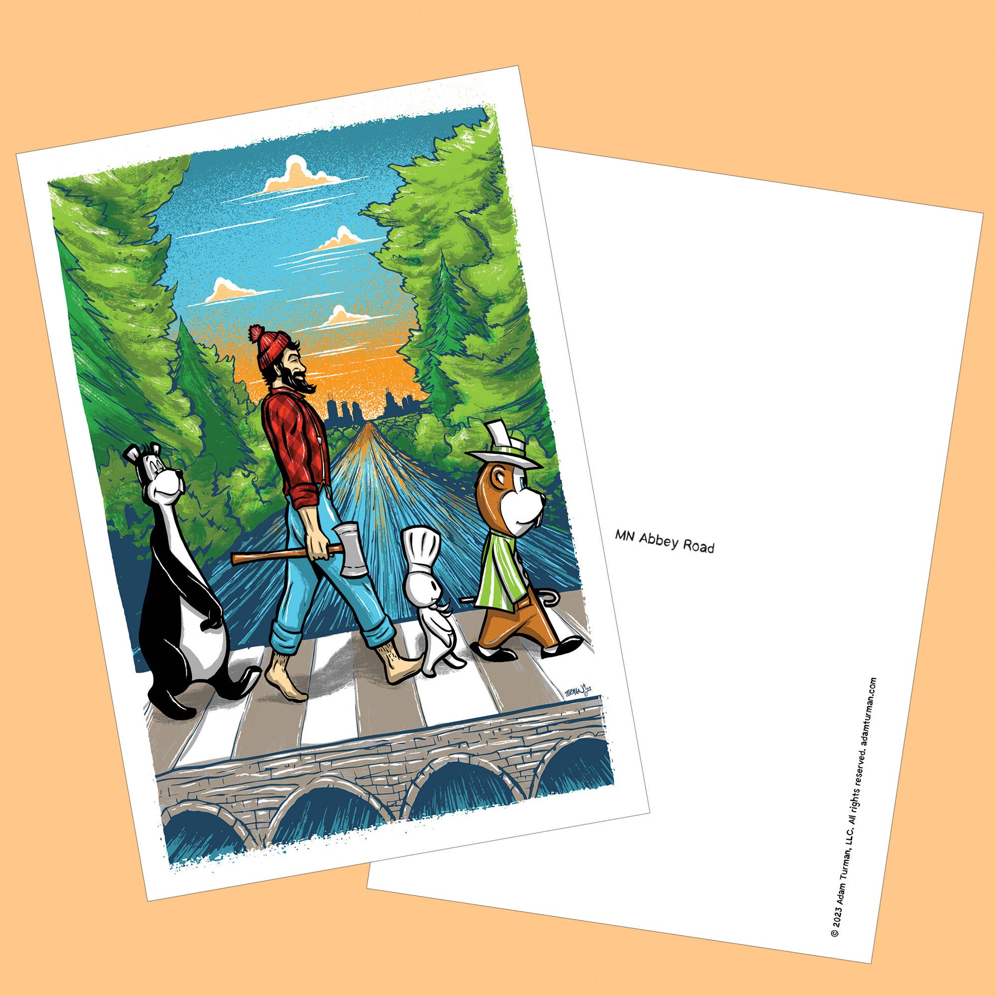 The Postcards: MN Abbey Road features four cartoon characters and a lumberjack crossing a striped crosswalk, inspired by the iconic Abbey Road cover, with trees and a sunset—an ideal collectible print or Minnesota postcard.