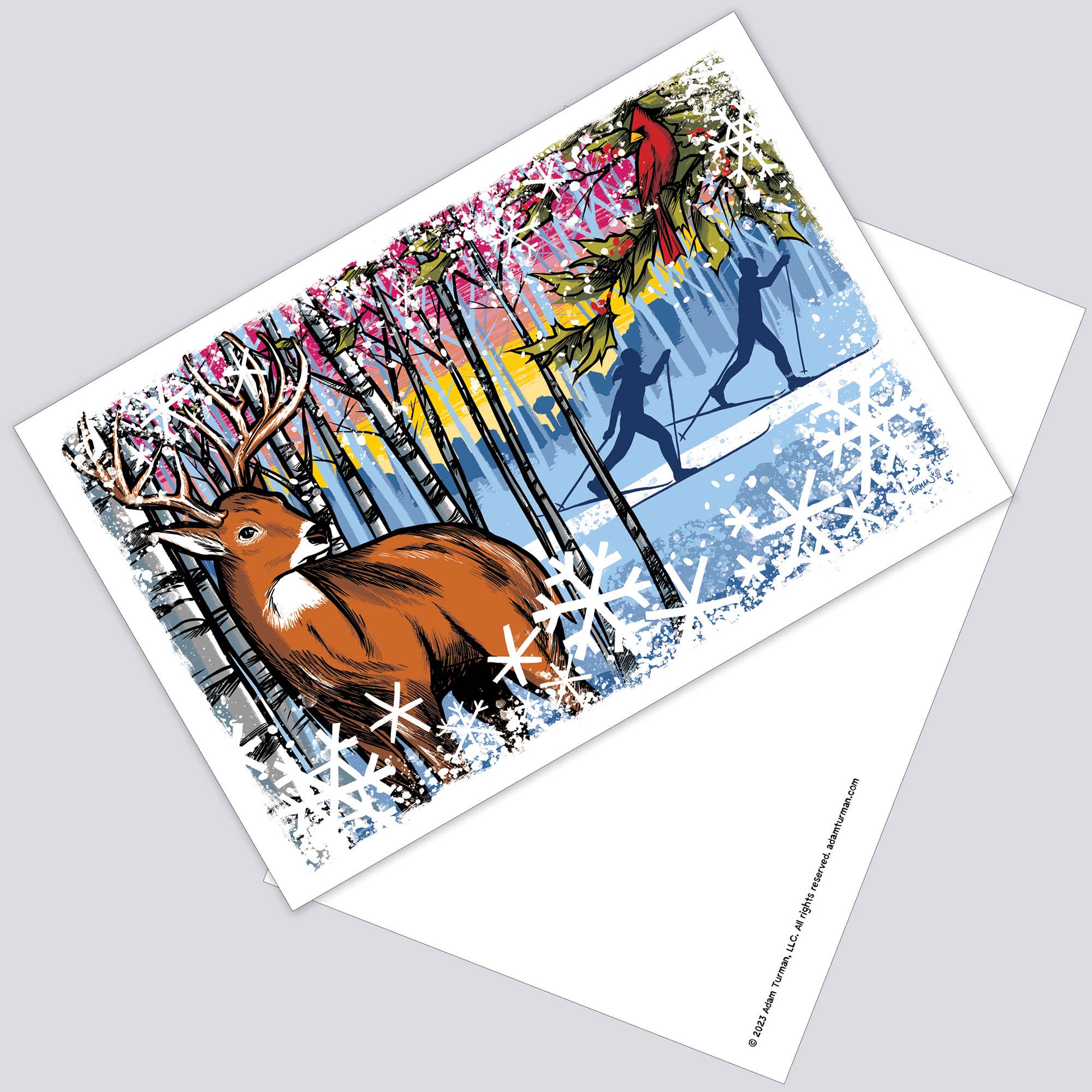 A vibrant winter scene featuring a deer in a snowy forest, ice skaters, and a red bird—accented with large snowflakes. Collectible Postcards: MN Abbey Road for a unique Minnesota keepsake or postcard to send.