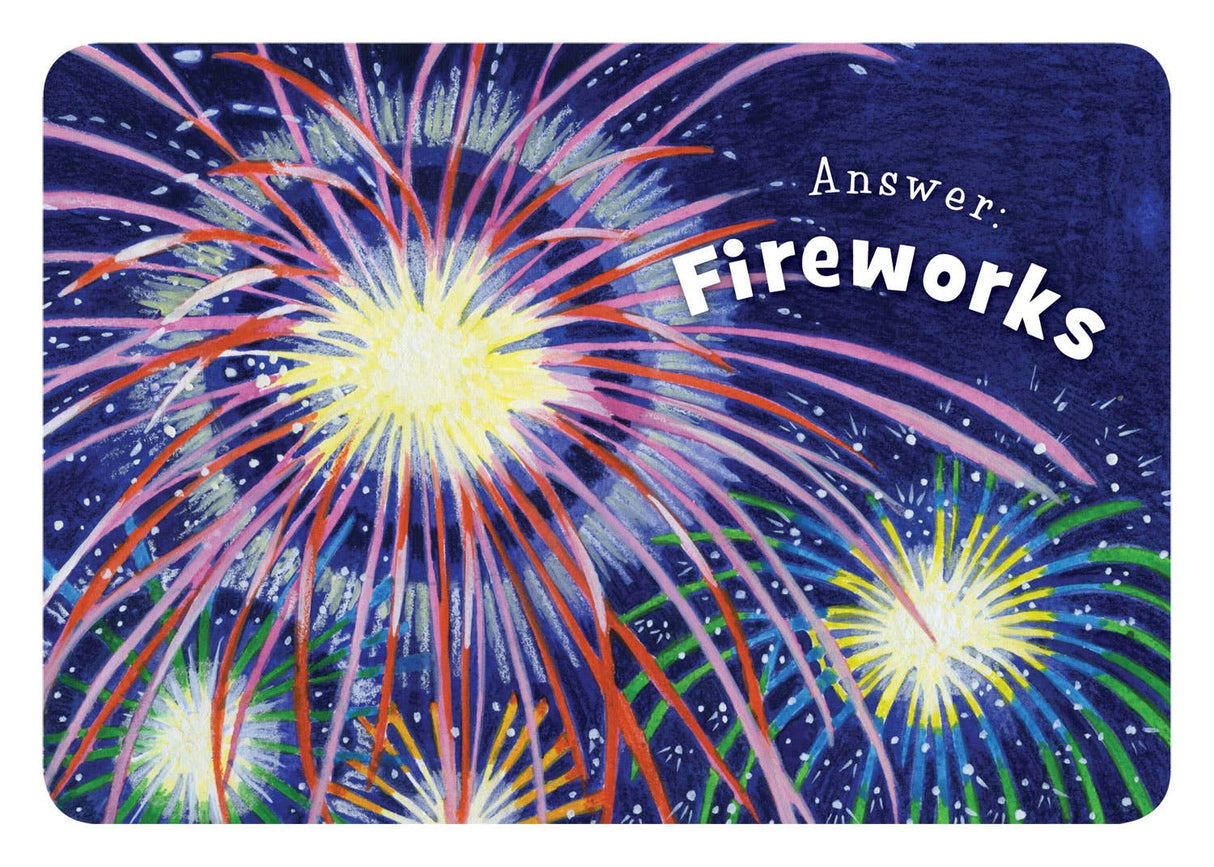 Colorful fireworks burst against a dark starry sky like rhyming riddles, with the word **Fireworks** in bold white text illuminating the scene, reminiscent of the vibrant allure found in the Book: Little America.
