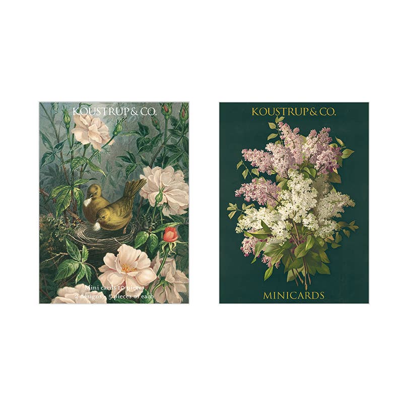 The Card Pack: Spring Flower Mini Cards 2 Images by Koustrup & Co features two designs: a duck among spring flowers and lilac blooms on dark green. Designed in Denmark, this charming pack includes 10 mini cards with envelopes for any occasion.
