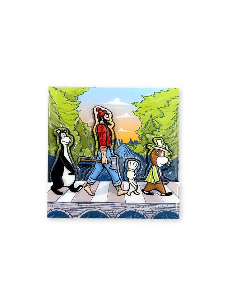 Cartoon characters parody the famous Abbey Road cover, walking across a crosswalk with trees and hints of the Minneapolis skyline in the background, making it a scene perfect for an MN Abbey Road Refrigerator Magnet by Adam Turman.