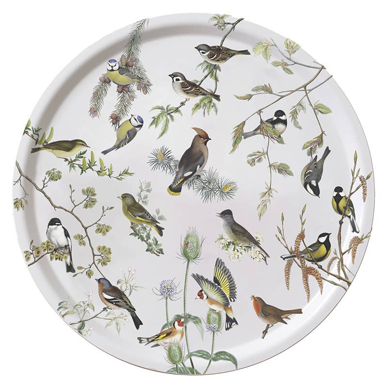 The Tray: Garden birds birch veneer serving tray (14.9 diameter) by Koustrupco of Denmark features eco-friendly design with intricate illustrations of garden birds on branches and flowering plants.