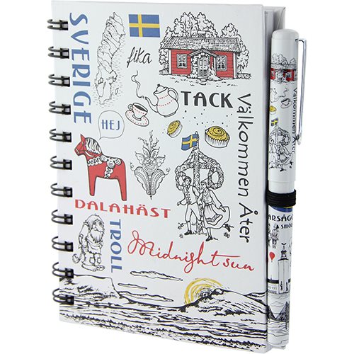 Discover the Sverige - Sweden Notebook & Pen, featuring Swedish-themed illustrations with Nordic icons such as a Dala horse, troll, and coffee symbols. This charming set includes a matching pen and makes the perfect Nordic souvenir.