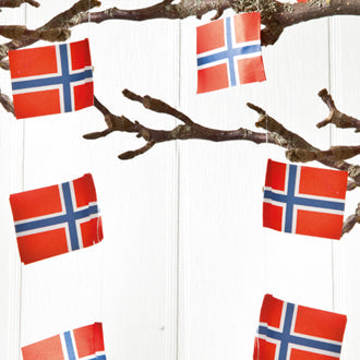 Ornament: Norwegian Flag Garlands, each measuring 2 meters in length, elegantly dangle from the tree branches against a pristine white backdrop.