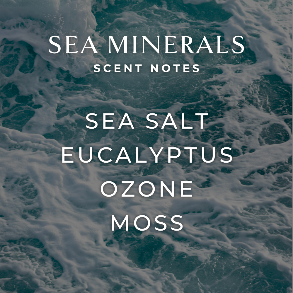Text overlay on ocean waves lists sea salt, eucalyptus, ozone, and moss as Sea Minerals Scent Notes. Ideal for highlighting Candle: Sea Minerals Candle: 4oz bowl with 2 wicks, 20+ hour burn by Fjord & Fable. A soothing soy wax candle with essential oils.