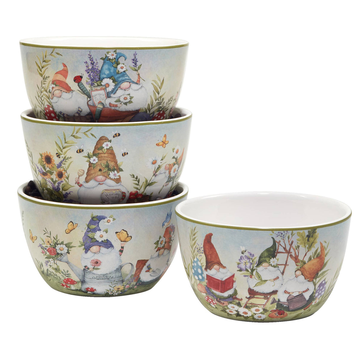 This charming set of four stackable 5.25in x 3in Garden Gnome Ice Cream Bowls features whimsical gnomes reading and gardening, with top bowls revealing their interiors. The floral and nature-themed designs add a delightful touch to any table setting.