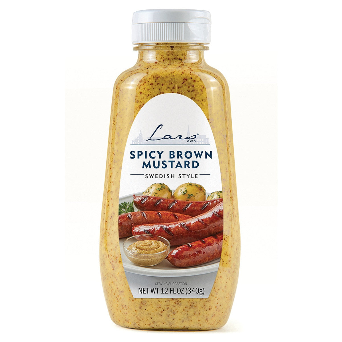 A 12 oz plastic bottle of Lars Own Spicy Brown Mustard, Swedish style, with a label showing a sausage and spicy brown mustard.