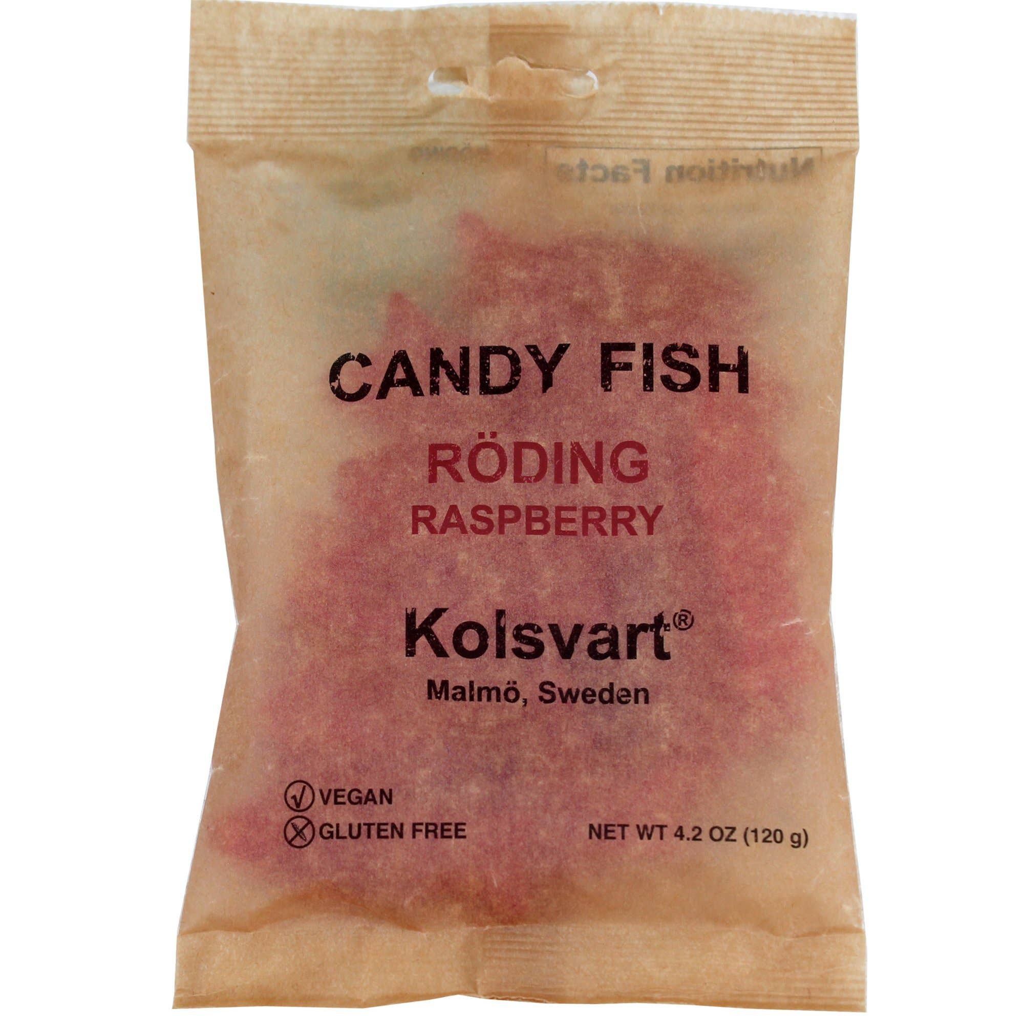 Kolsvart Raspberry Sweet Swedish Fish, weighing 120g (4.2oz), comes in brown packaging and offers a delightful raspberry flavor. This vegan, gluten-free treat is made in Malmö, Sweden—perfect for those who crave authentic Swedish fish sweets!.