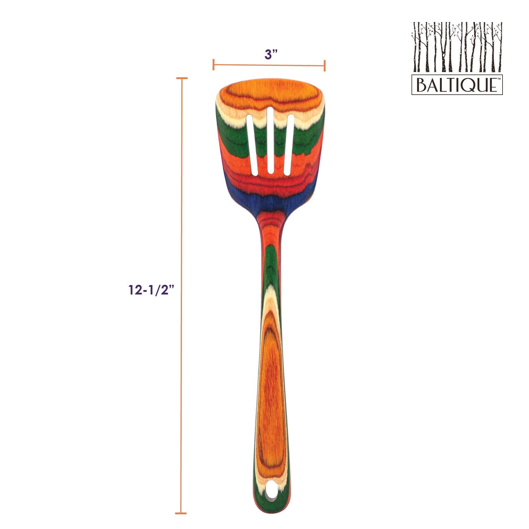 The Marrakesh Slotted Wooden Spatula - Birch is shown vertically, displaying its multicolored wooden design and measuring 12.5 x 3, with the Baltique logo in the top right corner.
