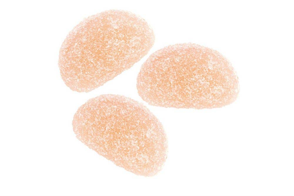 Three orange, oval-shaped gummy candies coated with sugar crystals are arranged on a white background, similar to Candy: Watermelon Swedish Gummy Candy by Malaco 90g (3.17 oz).