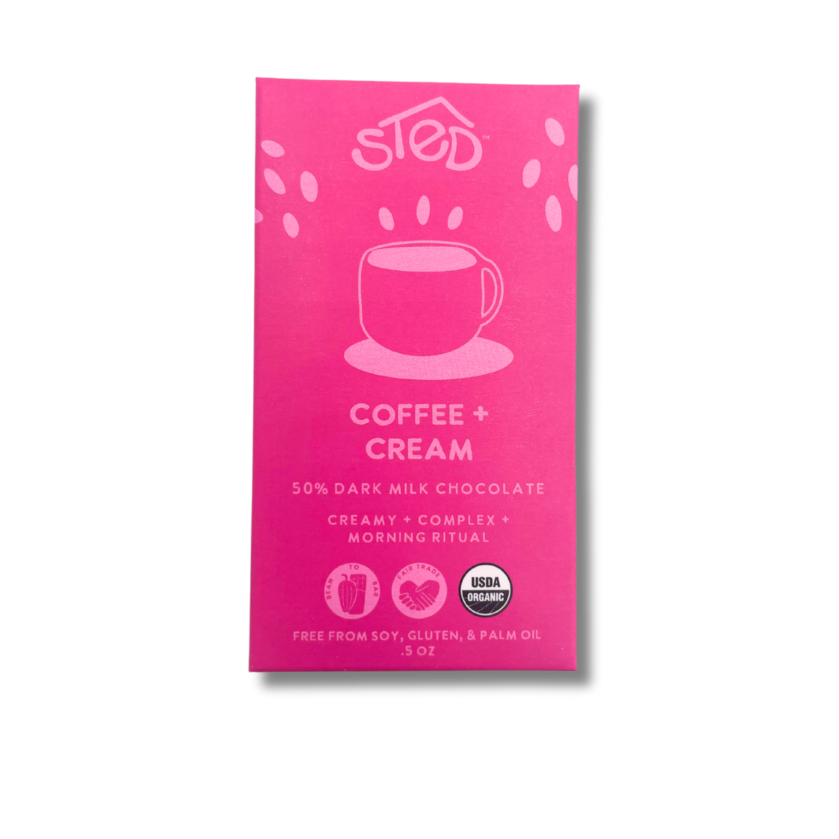 Bright pink chocolate bar wrapper with a coffee cup illustration and USDA Organic label, text indicating organic dark milk chocolate with Ethiopian coffee.
