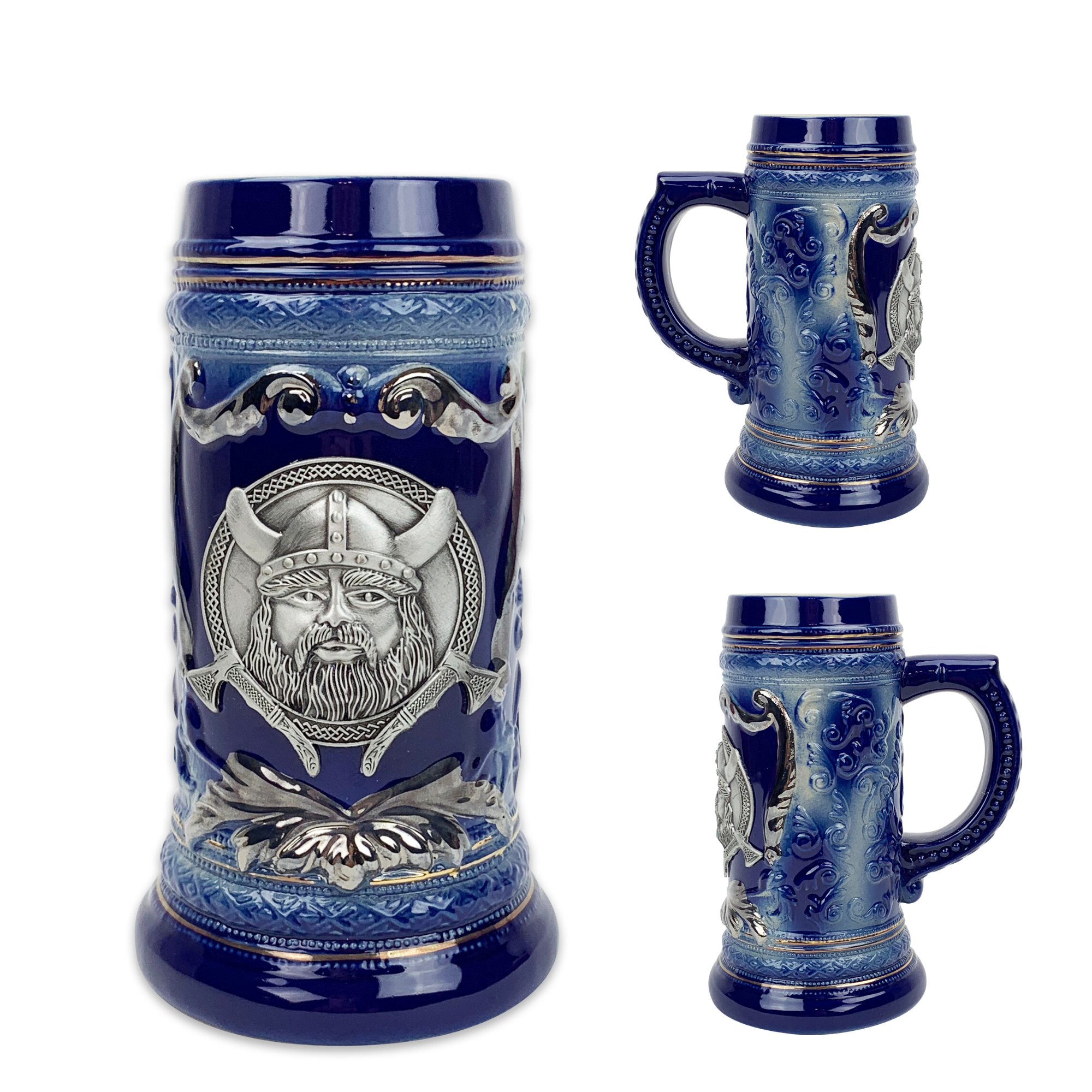 The 20oz Blue Ceramic Beer Stein exhibits a Viking Metal Medallion Relief with ornate detailing, making it a striking display piece for collectors. Featuring one full view and one side view, this stein is perfect for showcasing its unique design.