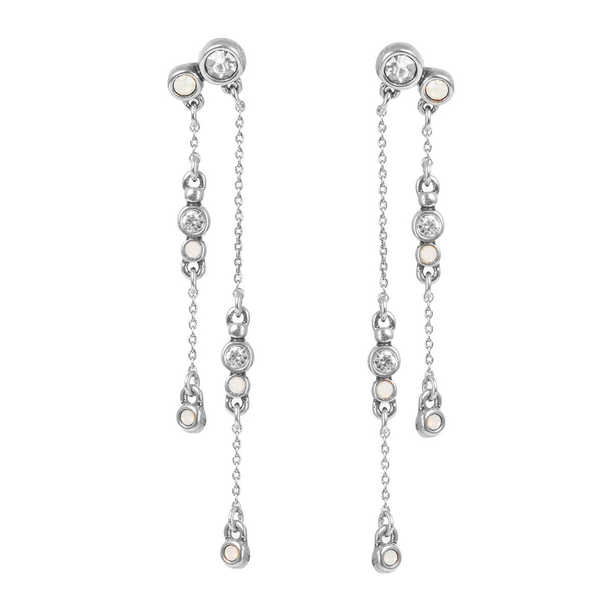 The A&C Oslo Long Cascade Crystal Chain Silver Earrings feature multiple small round white stones set along two delicate hanging chains on each earring.