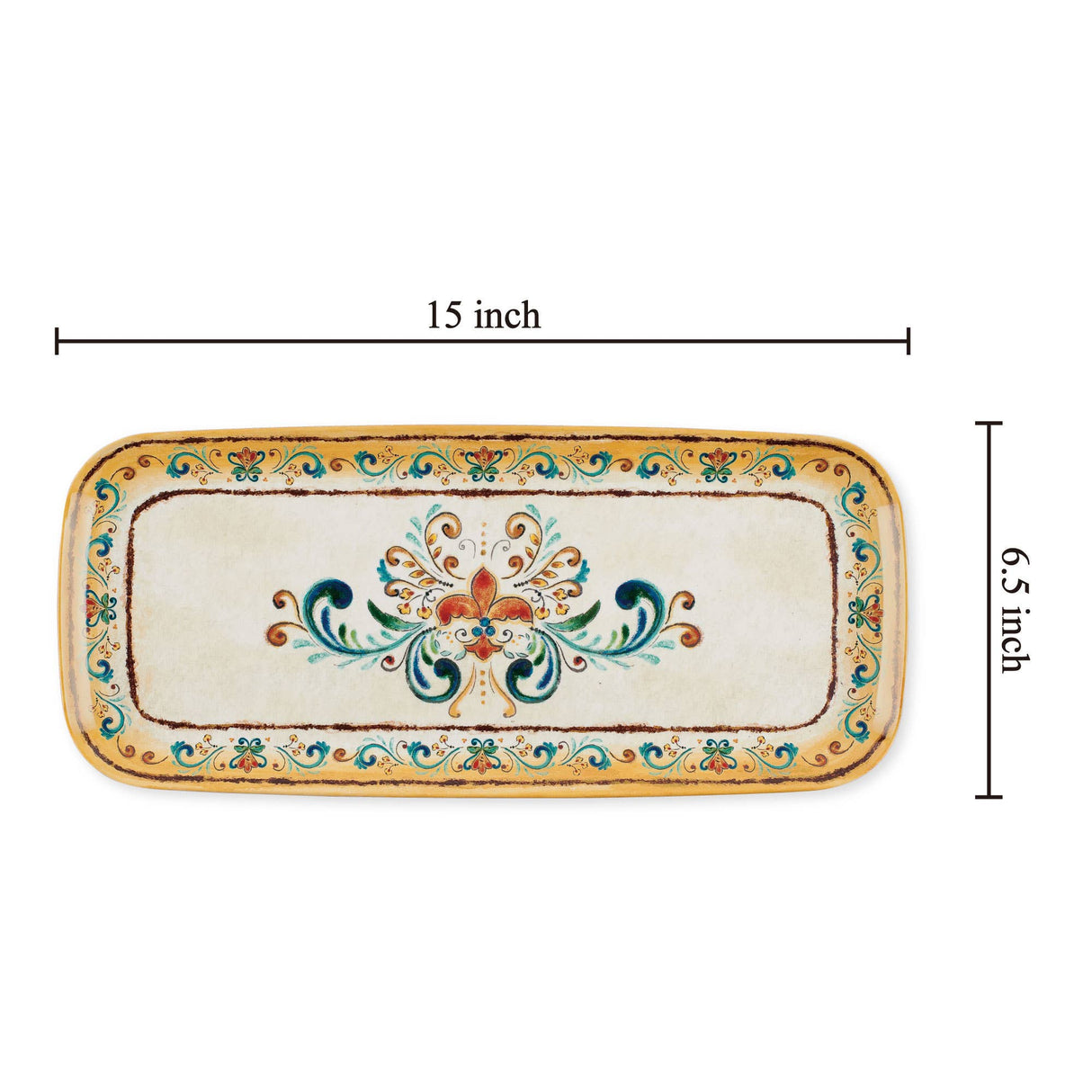Rectangular ceramic tray with folk art floral pattern, yellow border, and decorative edges, measuring 15 inches long by 6.5 inches wide.