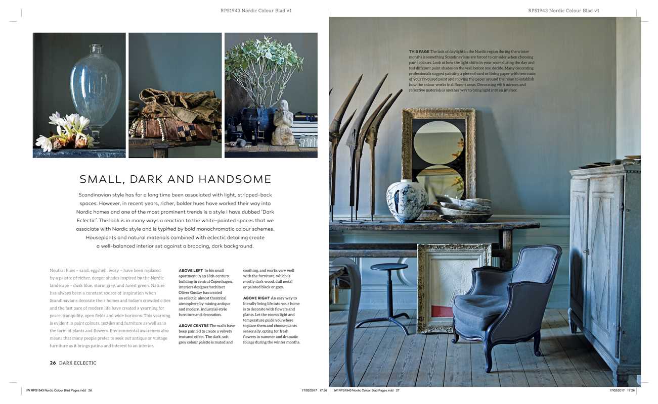 A Scandinavian-style interior features a gray-blue chair, vintage desk, decorative mirrors, and dark vases on a shelf with New Nordic Colour by Antonia af Petersens displayed against a muted gray wall and wooden flooring.