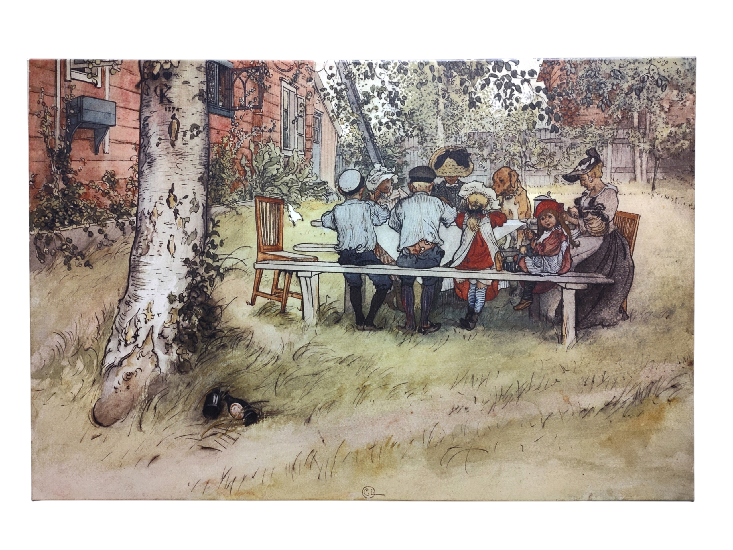 A group of children gathers at a wooden table outdoors by a red house and lush greenery—capturing the essence of Swedish life in the "Breakfast Under the Big Birch" Carl Larsson 1853–1919 print on canvas.