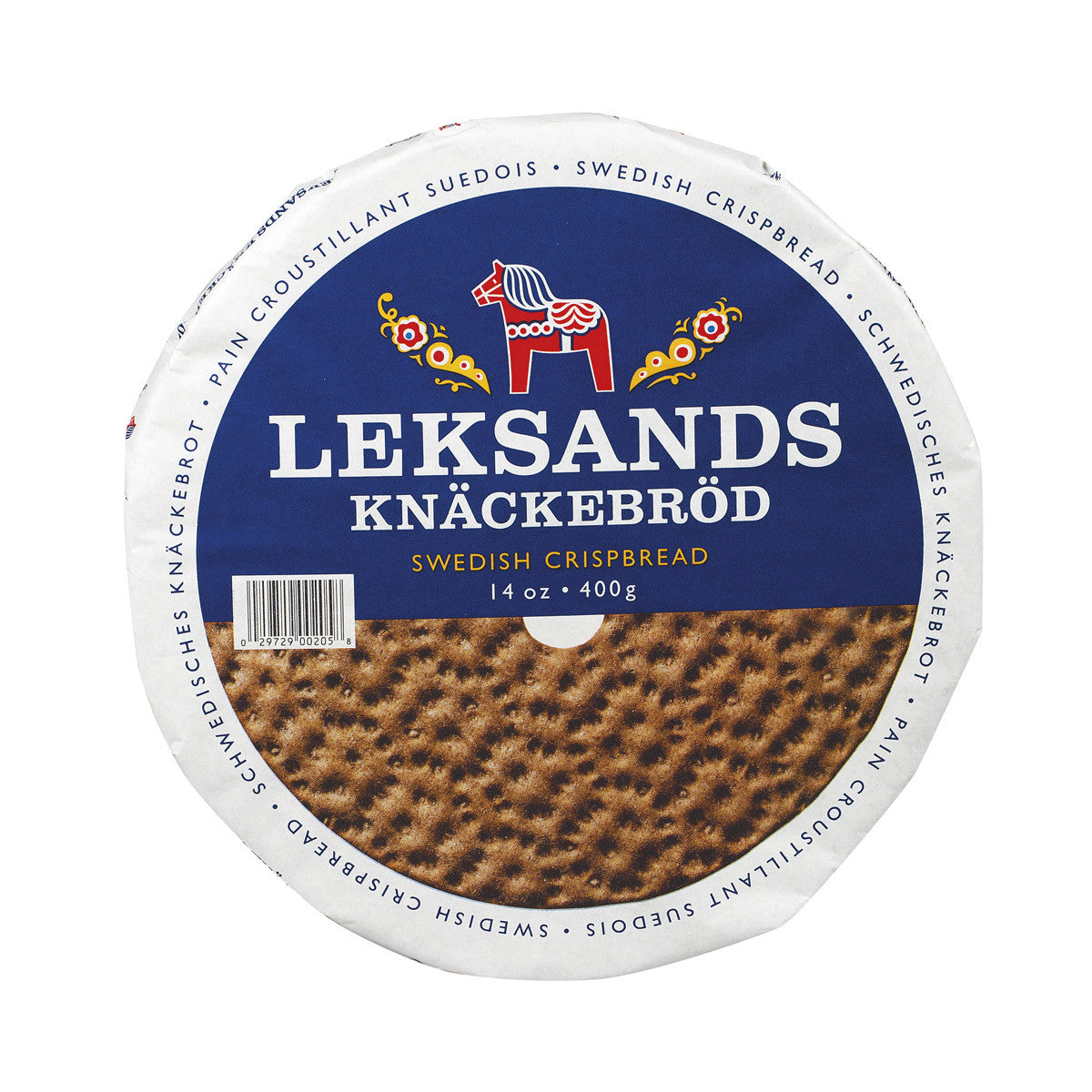 Round package of Leksands Original Crispbread, crafted with hearty rye flour and displaying a red and blue horse logo on the front. The package weighs 14 oz (400g).