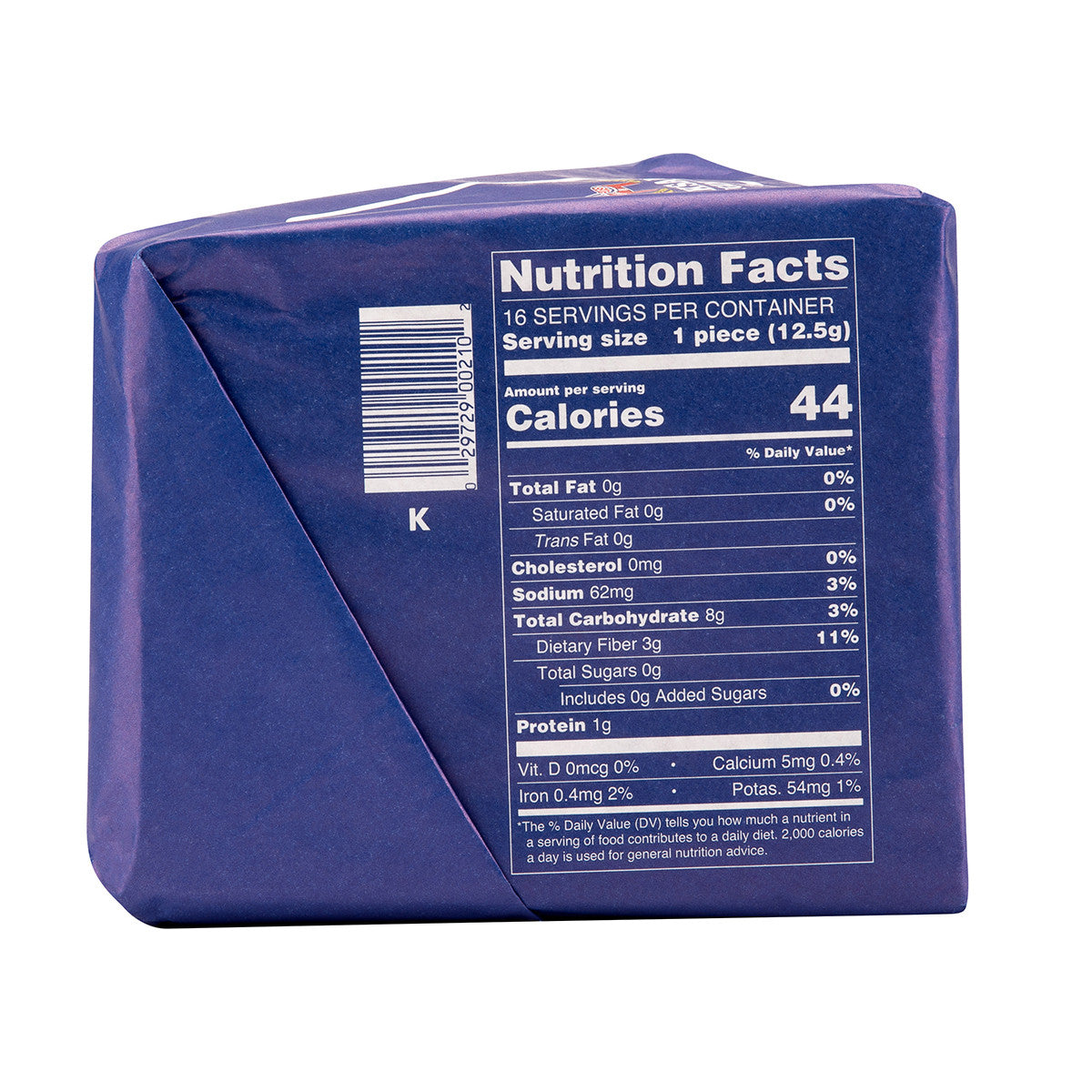 A close-up of a purple Leksands Original Crispbread Triangles (200g) package shows the Nutrition Facts label, highlighting 44 calories per serving, high fiber content, and 16 servings per container.
