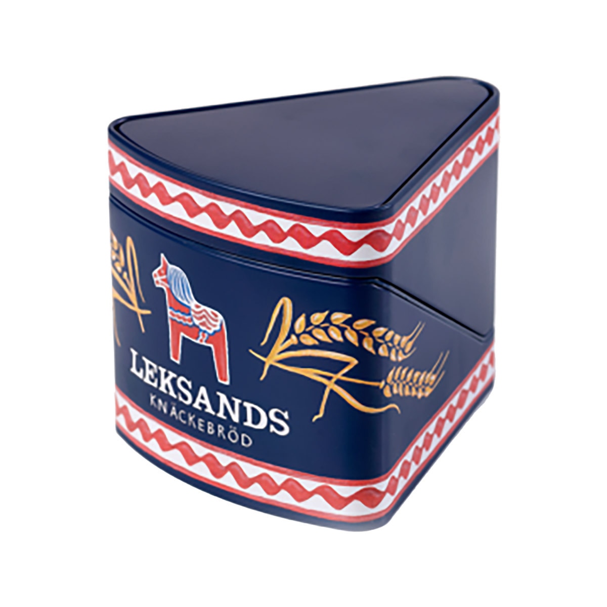The Leksands Knackebrod Triangles Container is a blue, triangular metal tin featuring Swedish patterns, a red Dala horse, wheat illustrations, and Knackebrod text on the sides.