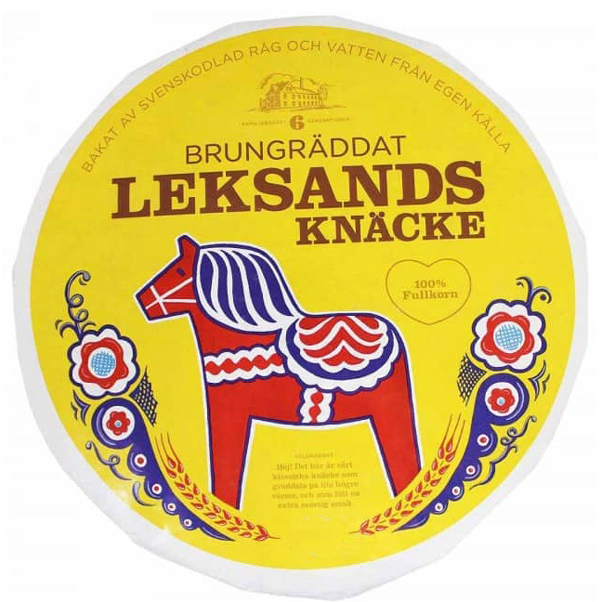 A round package of Leksands Brown Baked Rounds showcases a delightful red and blue horse illustration with Swedish text set against a yellow background, emphasizing its whole-grain rye variety from Sweden.
