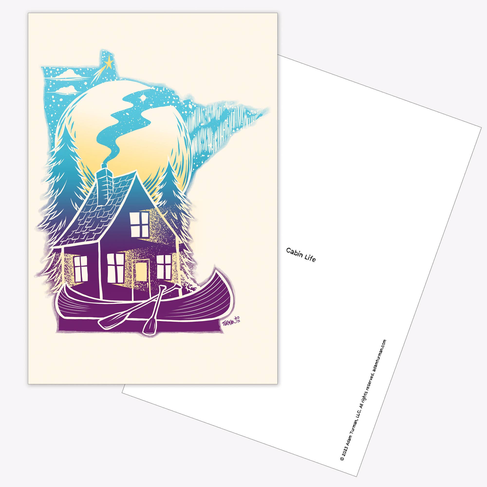 Postcards: MN Abbey Road features a cabin with smoke, trees, and a canoe in front, all set over Minnesota’s outline with a bold yellow sun—ideal as a Minnesota postcard or collectible print.