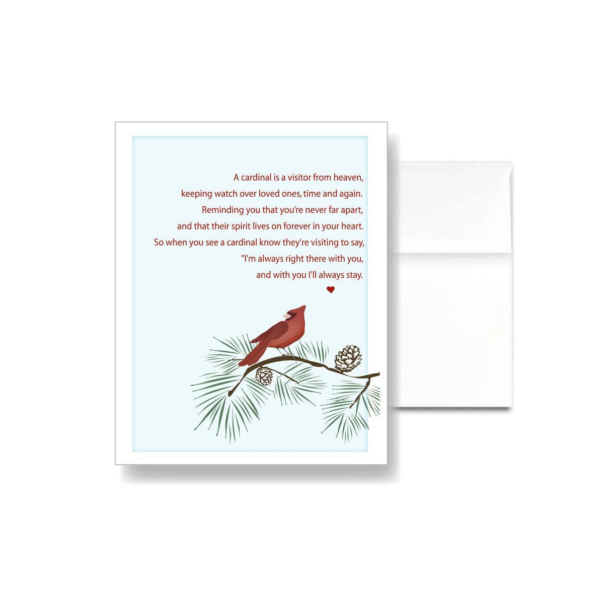 Card: Cardinal Sympathy Card—a condolence card featuring a red cardinal on a pine branch with a touching poem about cardinals symbolizing comfort and visits from loved ones after their passing.