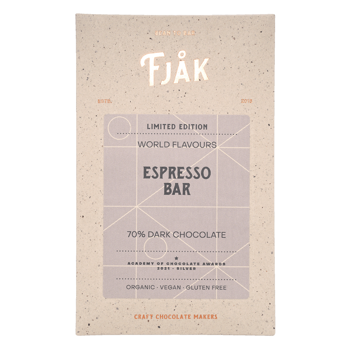 Front of a Fjåk wrapper labeled "Fjak Espresso Dark Chocolate 70% Cocoa (Limited Edition) Norwegian Chocolate 60g"—organic, vegan, gluten-free, and winner of the Academy of Chocolate 2021 Silver award.