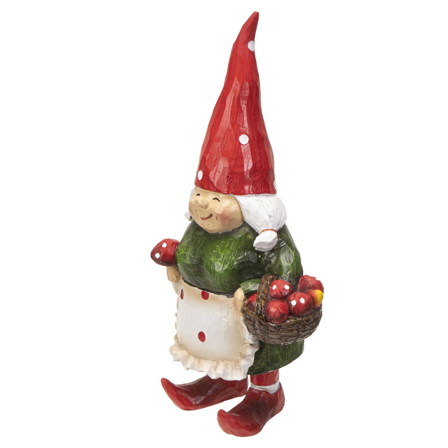 The Gnome: Granny Gnome - 9.72" is a hand-painted resin figurine of a smiling granny gnome in a green dress and red hat, holding a mushroom and basket of red apples—ideal for charming woodland décor.