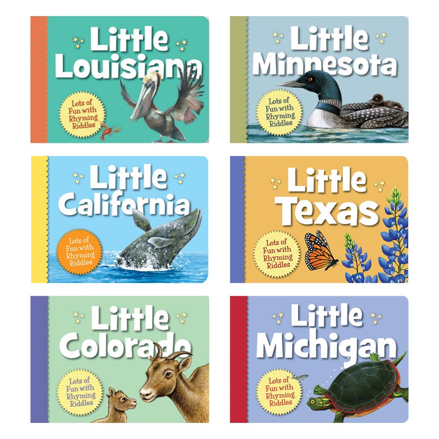 The charming Little America series includes six board books featuring state animals on the covers, titled Little Louisiana, Little Minnesota, Little California, Little Texas, Little Colorado, and Little Michigan.