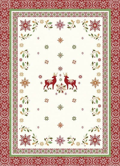 The Reindeer, Holly, & Snowflake Holiday Tea Towel is a 100% cotton 20 x 28 festive accessory featuring red and green borders, snowflakes, holly accents, and two red reindeer facing each other at the center.