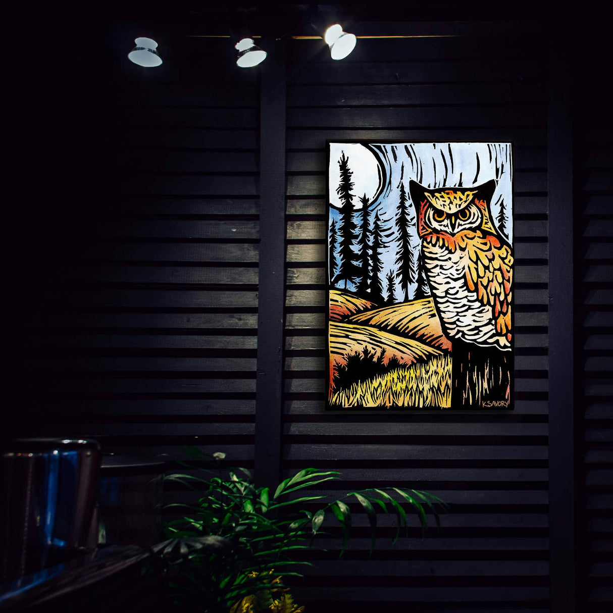 Wall Decor: Field of Dreams - Metal Box Art (Aluminum Box, 18" x 26" x 3") features a great horned owl in a stylized natural landscape—an elegant wildlife art piece for any space.