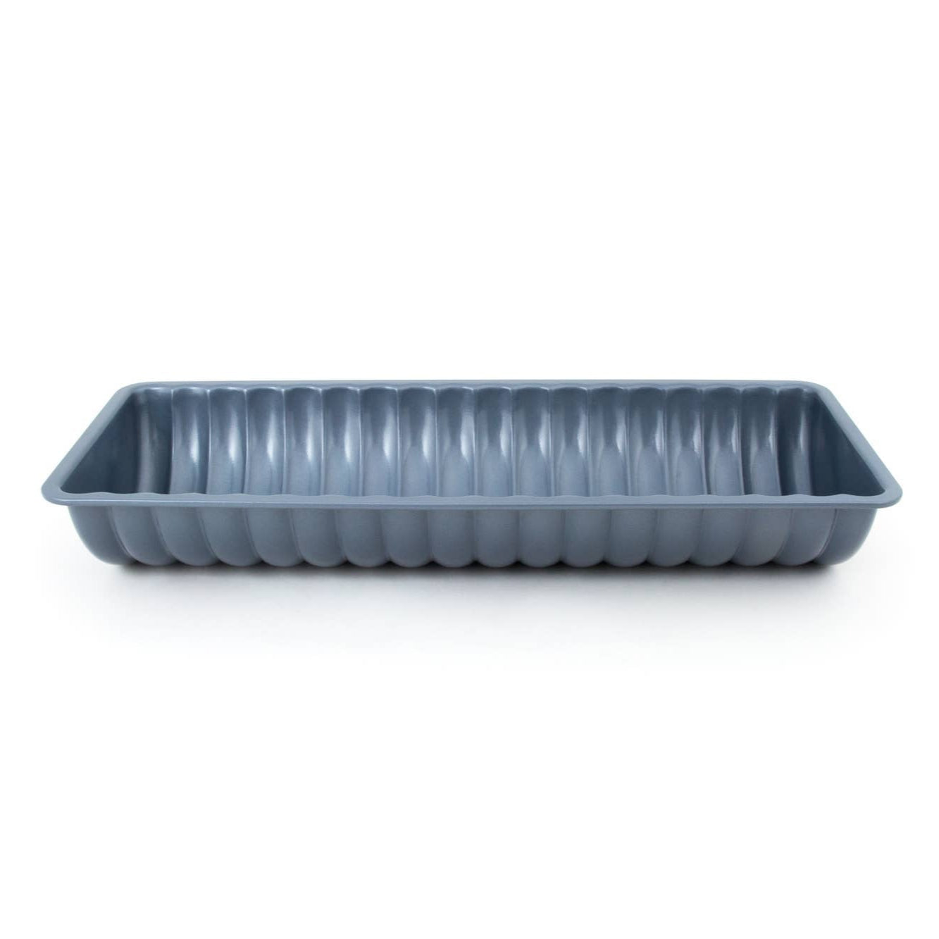 A rectangular, ribbed blue Pan: Rehrucken / Almond Cake Loaf Pan on a white background, ideal for baking almond cakes.