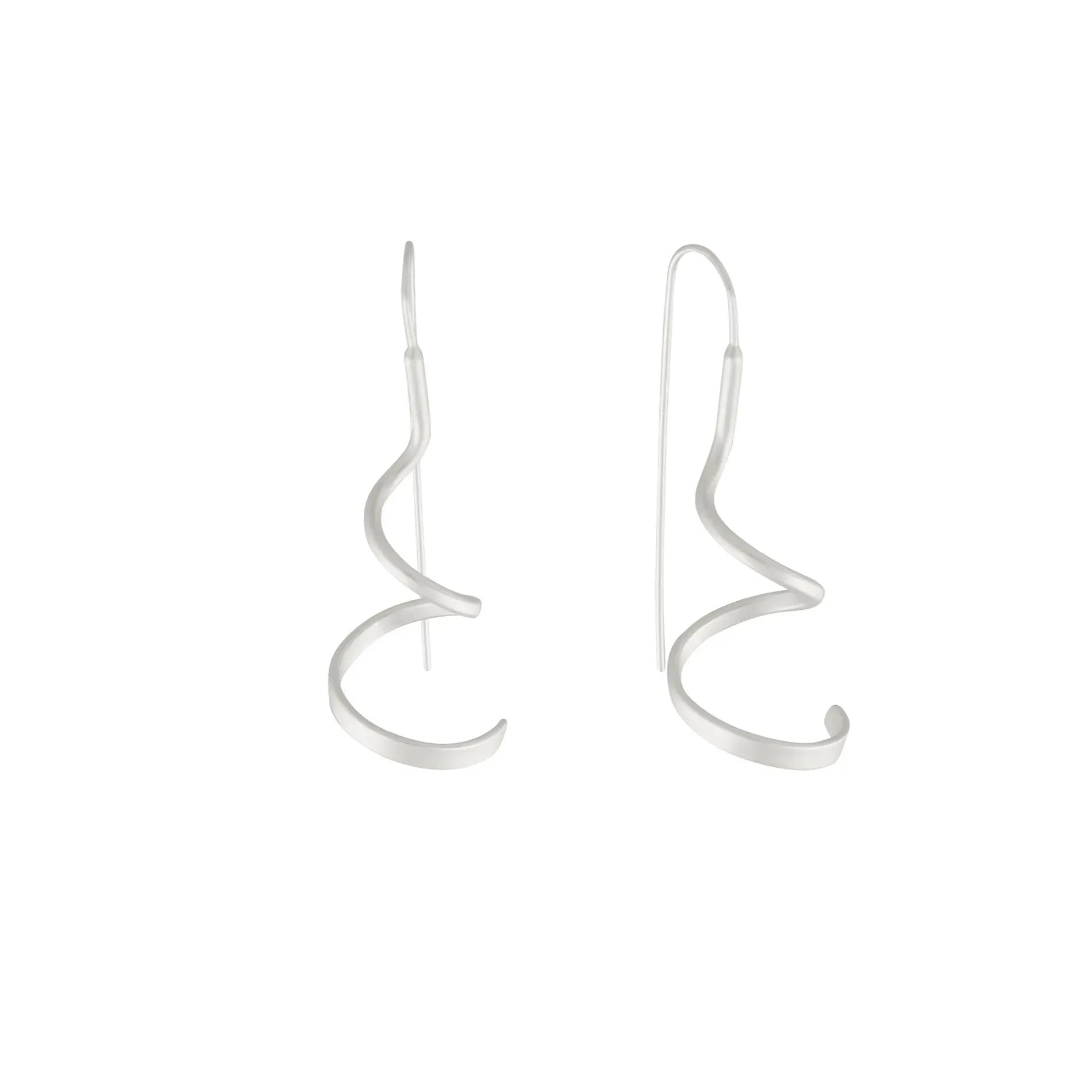 A pair of Dansk Copenhagen Tara Mini Spinning Silver Earrings, featuring abstract spiral-shaped drops, displayed on a white background.