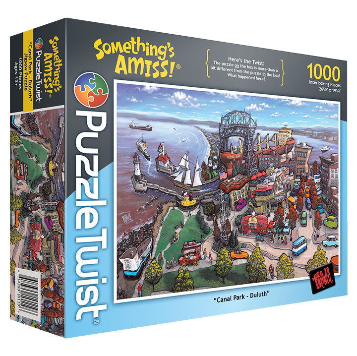The PuzzleTwist: Canal Park - Duluth (1,000 Pieces) jigsaw puzzle features a vibrant illustration showcasing the boats, buildings, and bridge of Duluth Canal Park, capturing its essence perfectly.