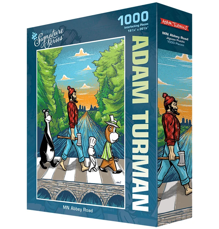 Puzzle box showing cartoon animals and a man crossing a road in Abbey Road style, with trees and a colorful sky, artwork by Adam Turman.