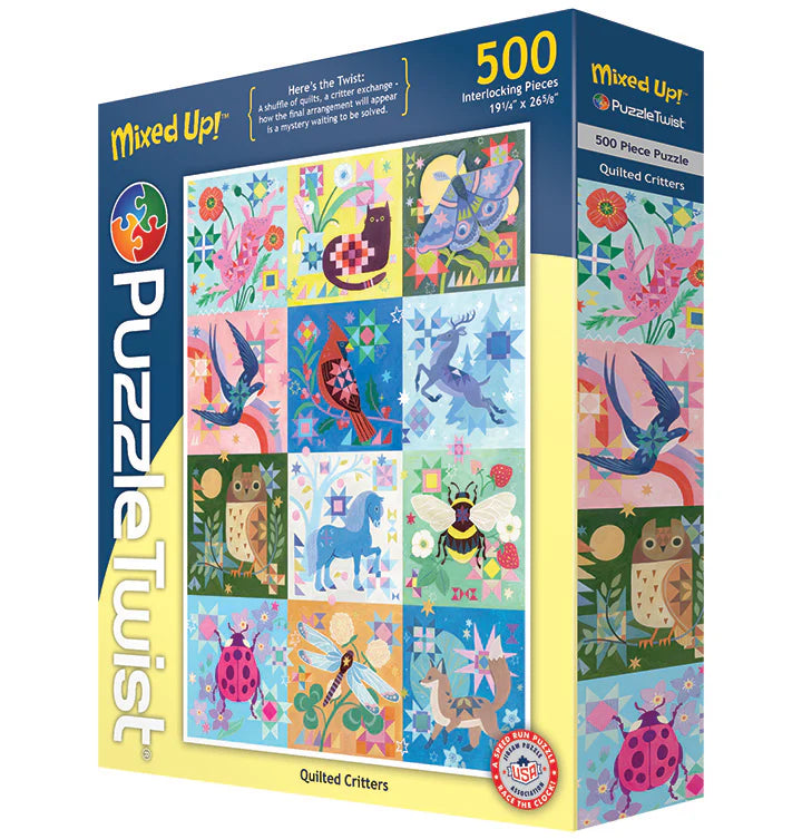 PuzzleTwist: Quilted Critters Puzzle - 500 Pieces by Mirka Hokkanen features vibrant, quilt-style animal illustrations on the box.