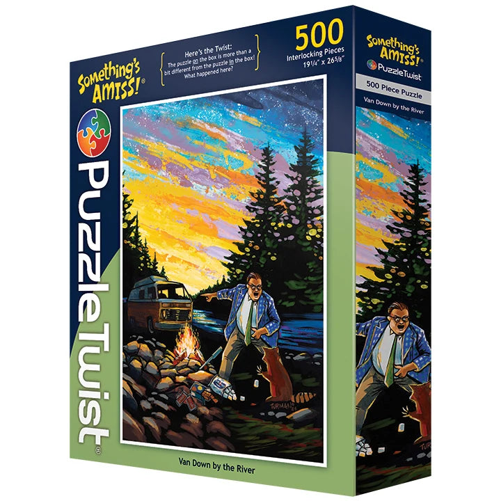 500 piece jigsaw puzzle with artwork of a man cooking by a campfire near a van by the river under a colorful sky; box displays “Somethings Amiss!” and PuzzleTwist branding.