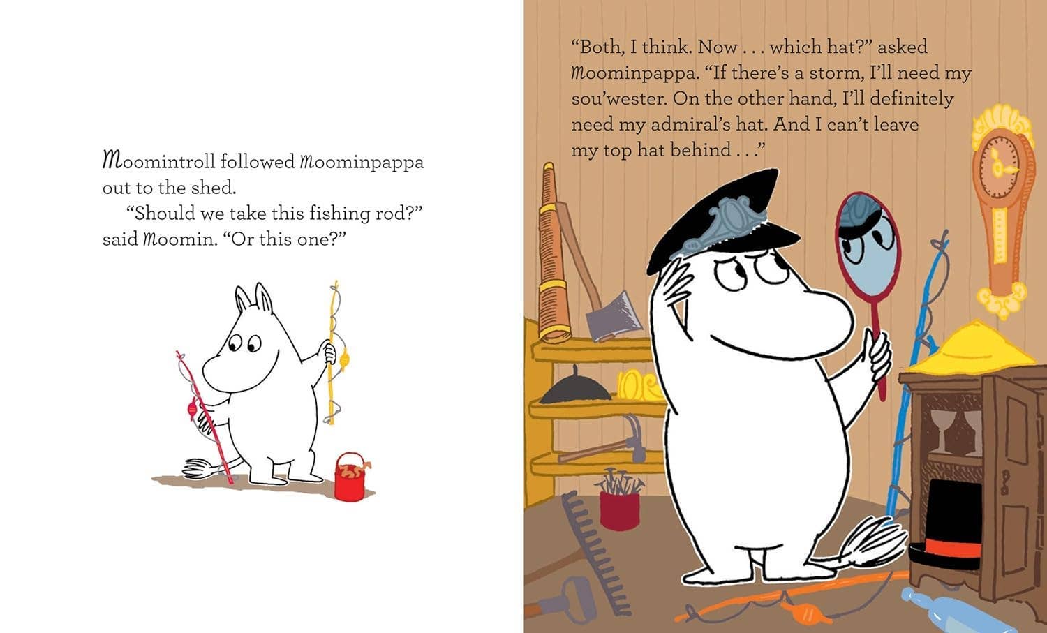 Moomintroll, with his fishing rod and bucket, prepares for a moonlight adventure in Moomin and the Moonlight Adventure by Tove Jansson, while Moominpappa considers which hat to wear among the shed’s scattered objects.