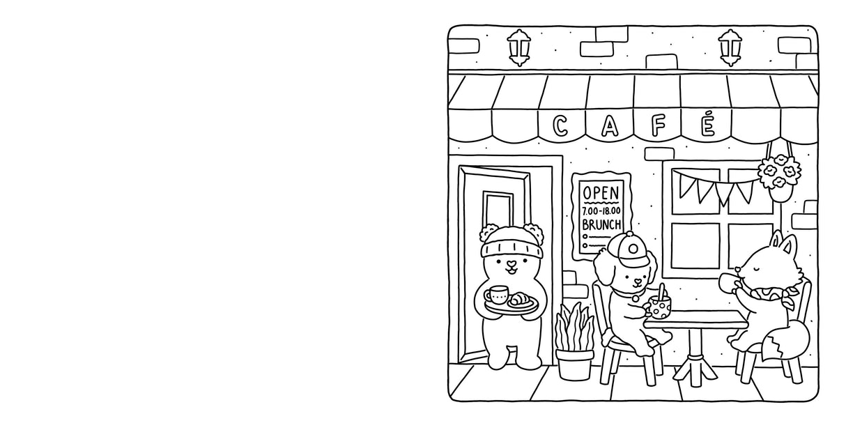 Line drawing from "Coloring Book: Fuzzy Hygge Cute and Cozy Coloring Book by Vivi Tinta" (Penguin Random House LLC): a cozy café open 7:00-18:00, two animals enjoying brunch, perfect for relaxing, stress-relief coloring.