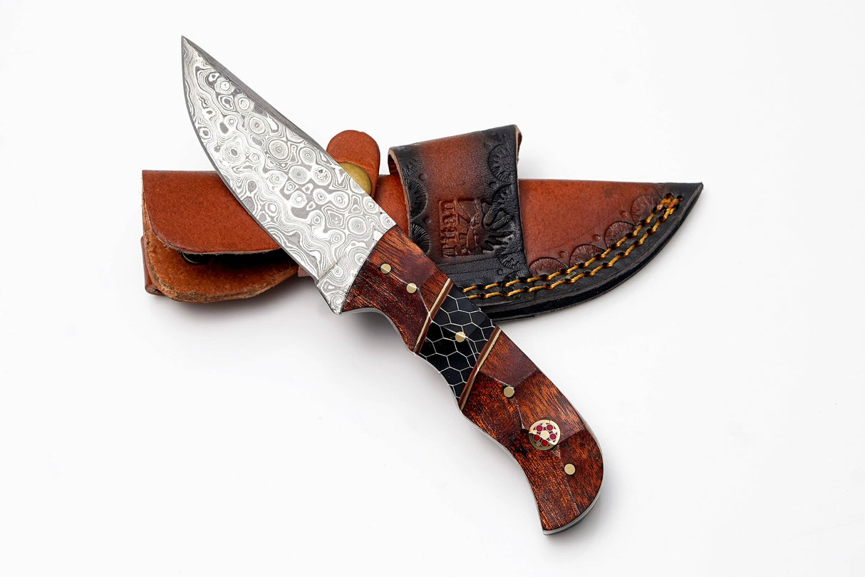 Knife: Damascus Steel Drop Point Hunter Knife| Rosewood & Black Honeycomb Handle | Scout Carry Sheath
