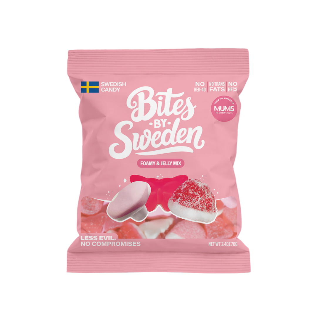A pink bag labeled “Bites by Sweden” with assorted Swedish red and white candies, including foamy and jelly varieties, visible through a transparent window.