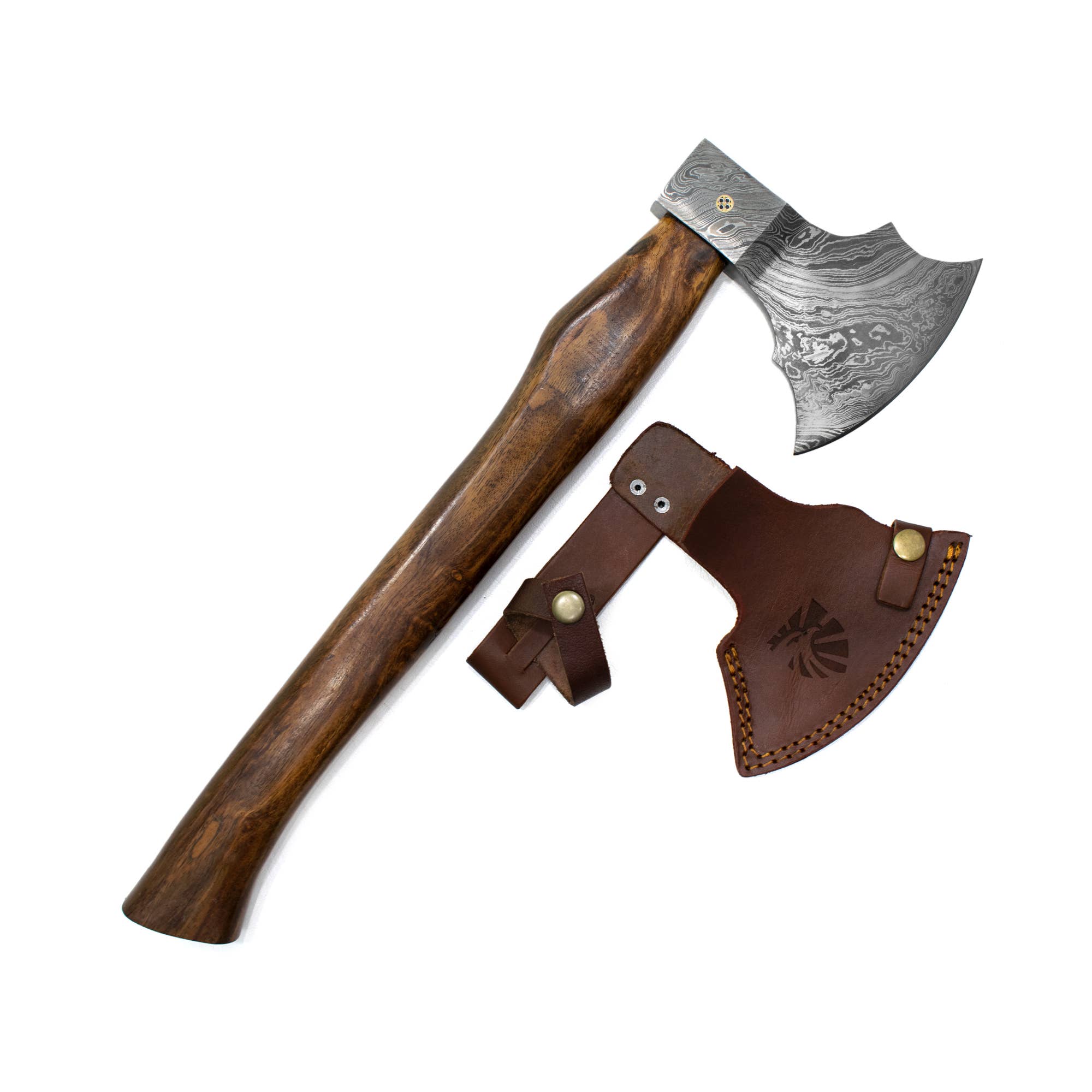 The Axe: Damascus Steel All Around Camping Knife features a carved wooden handle, patterned high-carbon steel blade, and a brown leather sheath with decorative stitching and an embossed design, shown on a white background.
