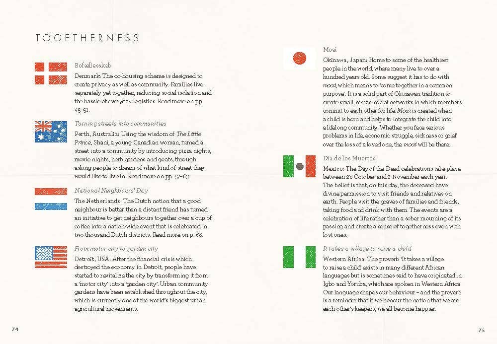 Inspired by Little Book of Lykke by Meik Wiking, this book page features happiness insights and cultural traditions of togetherness from Denmark, Australia, the Netherlands, Japan, and Mexico with small national flags.