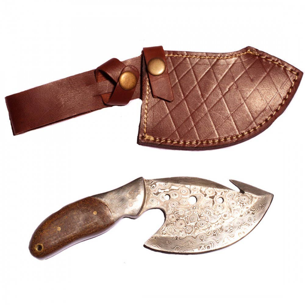 The Knife: Damascus Steel Blade - TD-025 features a curved 4.2-inch patterned blade and a wooden handle, shown beside a brown leather sheath with stitched details and brass buttons.